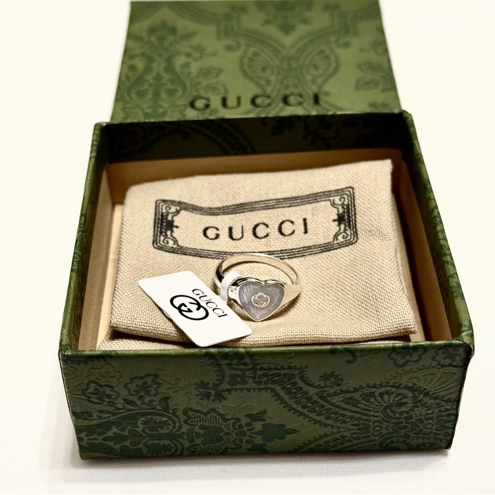 Gucci Silver Heart Ring Blue Enamel Interlocking G Size 7 Authentic Gucci